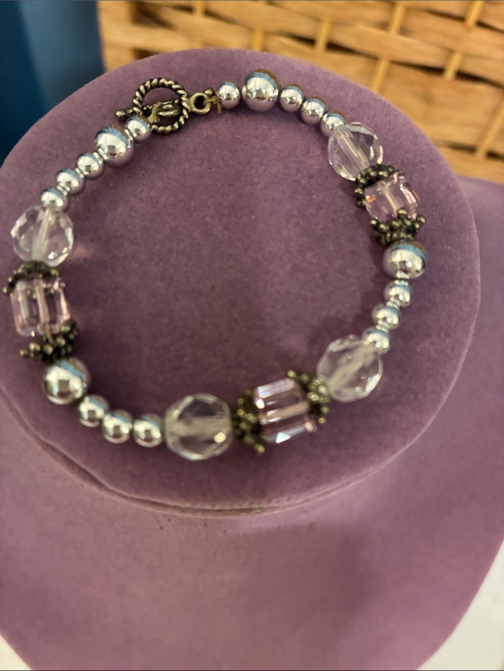 Hand Crafted Lavender Crystal & Silver Bead Bracelet For Kids